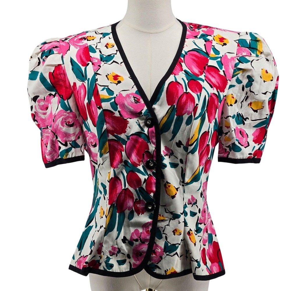 Vintage Jessica Howard Button-Up Womens 12 Multicolor Floral Puff Sleeve V-Neck